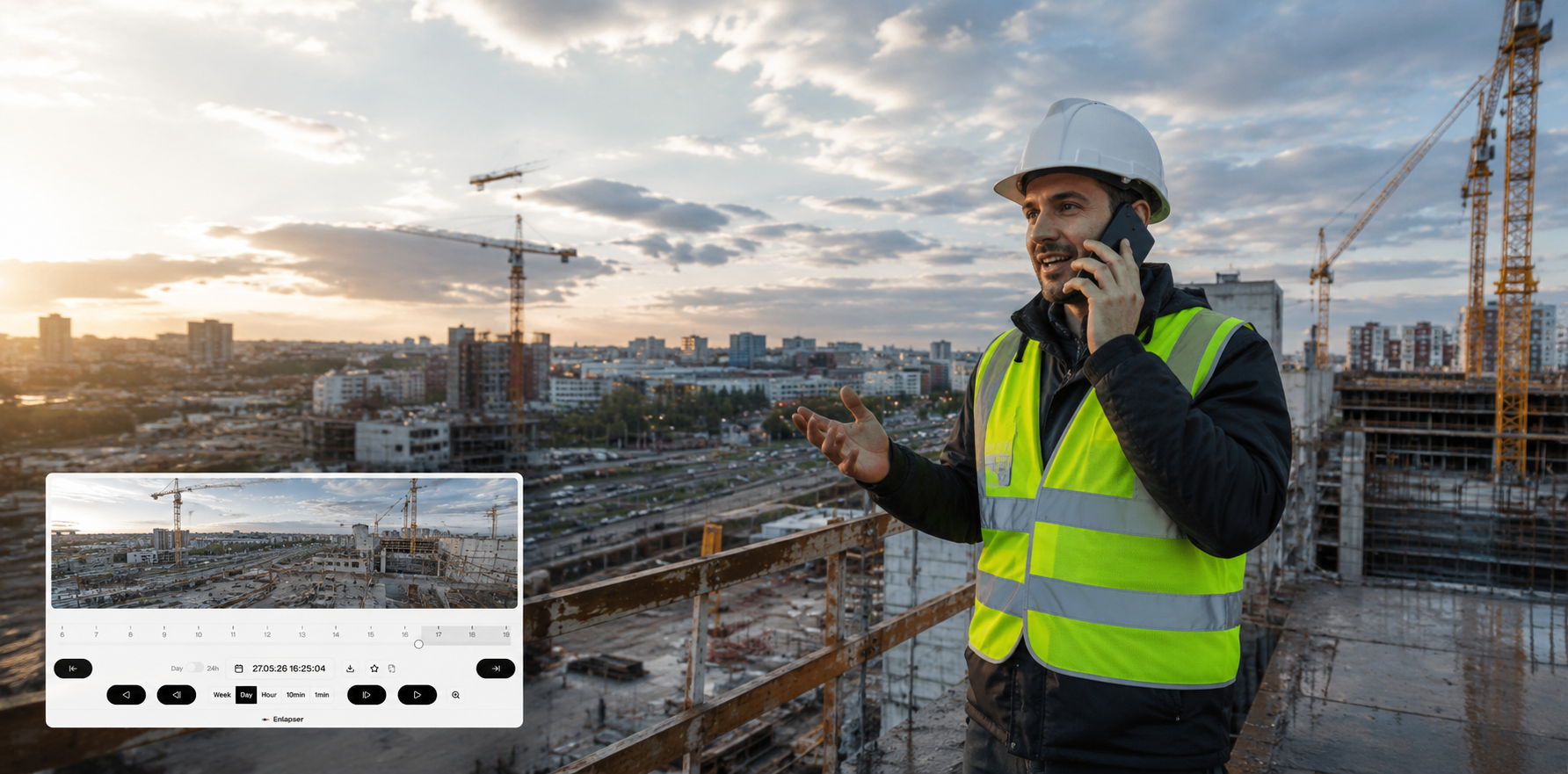 Construction manager on a high-rise site at sunset with Builder.Cam live site view